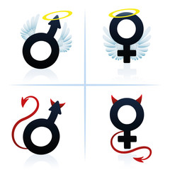 Good and evil man and woman. Male and female angel and devil symbols. Isolated vector illustration on white background.