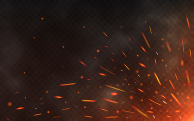 Wall Mural - fire sparks flying up on transparent background. smoke and glowing particles on black. realistic lig
