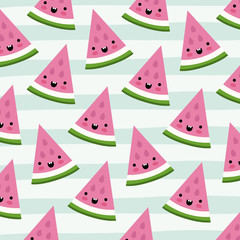 Poster - watermelon triangle slice kawaii fruits pattern set on decorative lines color background vector illustration