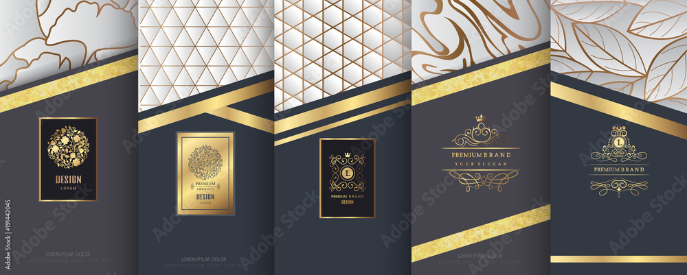 Collection of design elements,labels,icon,frames, for packaging,design of luxury products.Made with golden foil.Isolated on silver and marble background. vector illustration - obrazy, fototapety, plakaty 