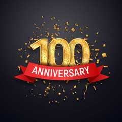 Hundred years anniversary logo template. 100 th celebrating golden numbers with red ribbon vector and confetti isolated design elements