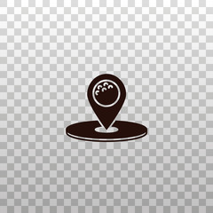 golf hole on a field and map pointer or pin with a ball - monochrome silhouette, symbol, sign, icon 