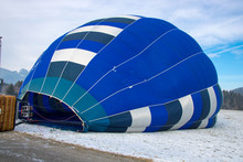 Hot Air Balloon In Winter, Preparation Balloon Expand And Fill