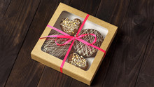 Chocolate Dessert, Cake In A Box On A Wooden Background