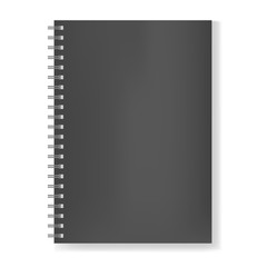 Wall Mural - Realistic black notebook on spiral binder mockup, copybook blank cover. Clear dark notepad or sketchbook front page with shadow