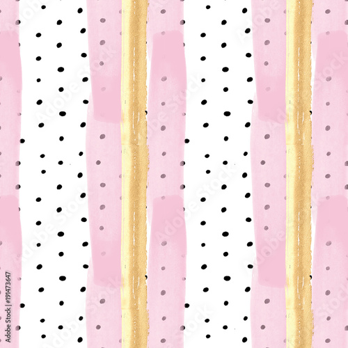 Cotton fabric Seamless Pattern in vertical stripes - Pink and gold stripes on black dots