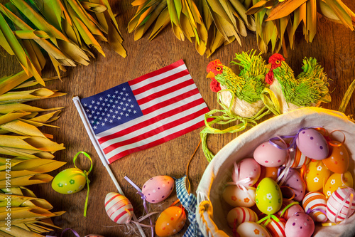 Easter holiday in America. Easter eggs USA. Ornaments of the Easter holiday in the united states 