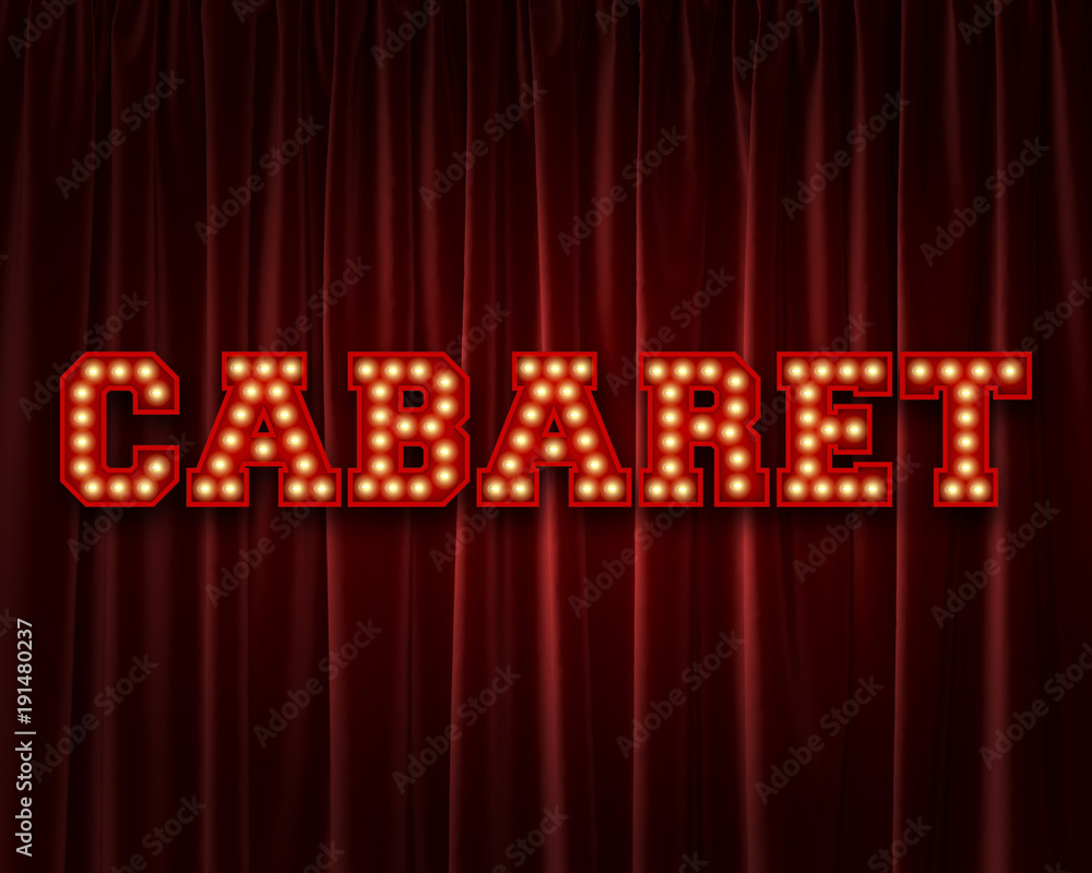 Cabaret lightbulb lettering word against a red theatre curtain. 3D Rendering - obrazy, fototapety, plakaty 