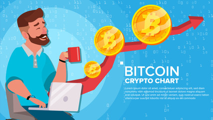 Sticker - Bitcoin Up Trend, Growth Concept Vector. Trade Chart. Virtual Money Happy Man Investor. Crypto Currency Market Concept. Flat Cartoon Illustration