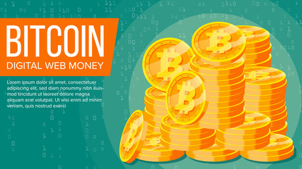 Sticker - Bitcoin Banner Vector. Digital Web Money. Gold Coins Stack. Business Crypto Currency. Computer Cash Technology. Flat Illustration