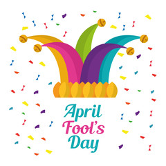 Poster - april fools day cap with bells jester festive confetti vector illustration