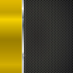 Poster - Background of yellow metal and black metal mesh with polished metal strip, 3D illustration. Technological background for garages, auto shops and just creativity