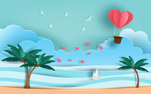 Paper Art Style Of Origami Heart Shaped Hot Air Balloon Flying In The Air Over Beautiful Beach With Many Hearts Floating, Flat-style Vector Illustration.
