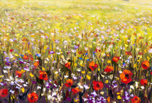 Red Poppies Flower Field Oil Painting, Yellow, Purple And White Flowers In Green Grass Artwork
