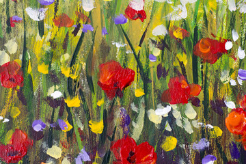 Wall Mural - Red poppies flower field - Original handmade abstract oil painting bright flowers made palette knife. Yellow, blue, purple abstract flowers. Macro impasto painting.