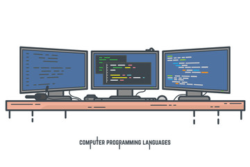 Programmer workspace vector illustration. Programming and coding desktop setup with three monitors. Window with app creator tool. Developer modern working space. Web banner for learning coding.