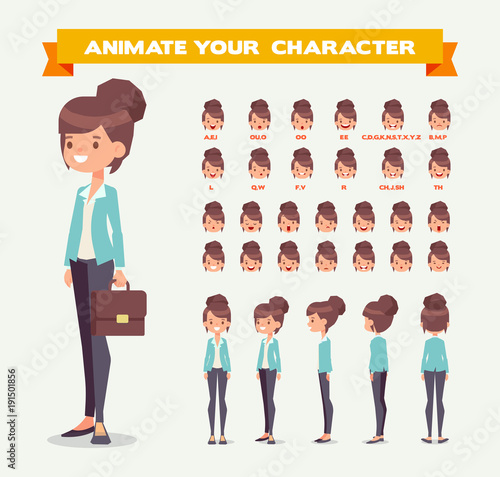 Front Side Back View Animated Character Business Woman
