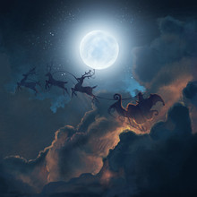 Digital Paint Of Santa On A Sleigh With Rein Deers Over The Full Moon