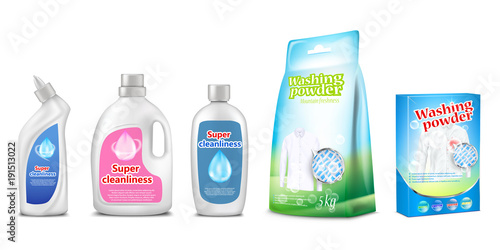Download Household Cleaning Chemicals Vector Illustration Of Toilet And Bathroom Cleaner Or Washing Powder And Detergent Liquid Packages Mockup Templates 3d Realistic Isolated Set Of Plastic Bottle Or Box Stock Vector Adobe