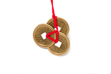 Three Chinese Lucky Coins With Red Knot On The White