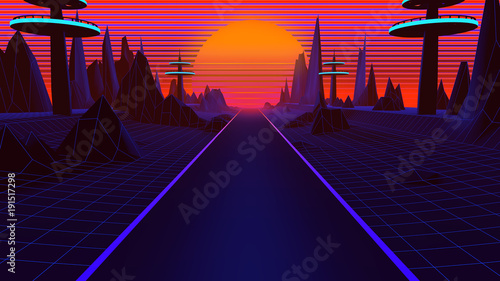 Fototapeta 80s Retro Synthwave Background 3D Illustration