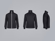 Sport jacket or long sleeve black sweatshirt vector illustration 3D mockup model template front, side and back view. Isolated sportswear apparel or modern unisex sports clothing with zipper fastener