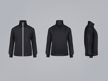 Sport Jacket Or Long Sleeve Black Sweatshirt Vector Illustration 3D Mockup Model Template Front, Side And Back View. Isolated Sportswear Apparel Or Modern Unisex Sports Clothing With Zipper Fastener