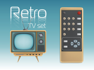 Retro TV set and remote control vector illustration. Vintage screen display television retro icons design for news broadcasting or entertainment poster and internet media technology banner