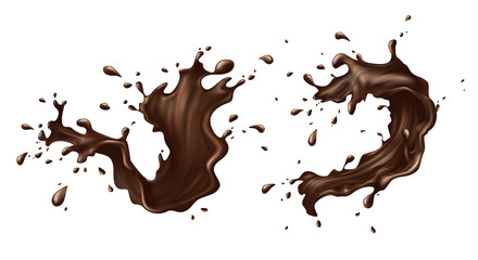 Vector illustration of hot chocolate, cacao or coffee splash with drops, blobs, blots isolated on white background. Appetizing liquid dessert, advertising product, splashing design element for promo