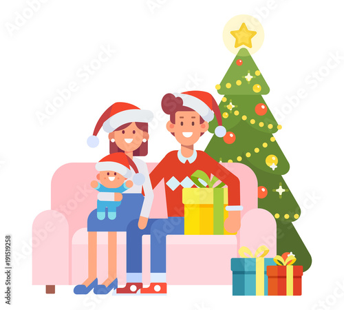 Christmas Time Happy Family Together Mom Dad And Kid Sitting On