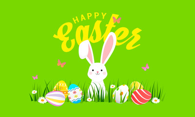 Wall Mural - Happy Easter greeting card Vector illustration, Cute Bunny with Colorful Easter eggs in spring field.