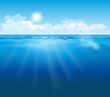 Vector realistic empty underwater view with blue sky, clouds and sun and light effects