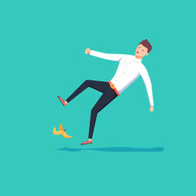 Flat 3d Isometric Businessman Slipped On A Banana Peel. Business Accident Concept.