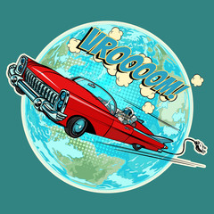 Wall Mural - electric vehicle with an astronaut flying in space over the plan