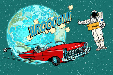 Wall Mural - hitchhiking astronaut waiting for the electric car in space. fli