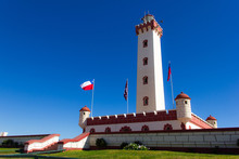 Splendid View Of La Serena Lighthouse On Sunny Day And Chilean Flags Blowing In The Wind, Chile