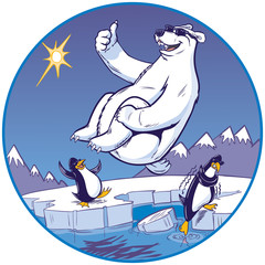 cartoon polar bear doing cannonball plunge while penguins watch