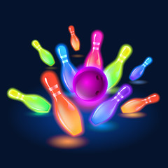 Wall Mural - Bowling neon glowing pins. Vector clip art illustration