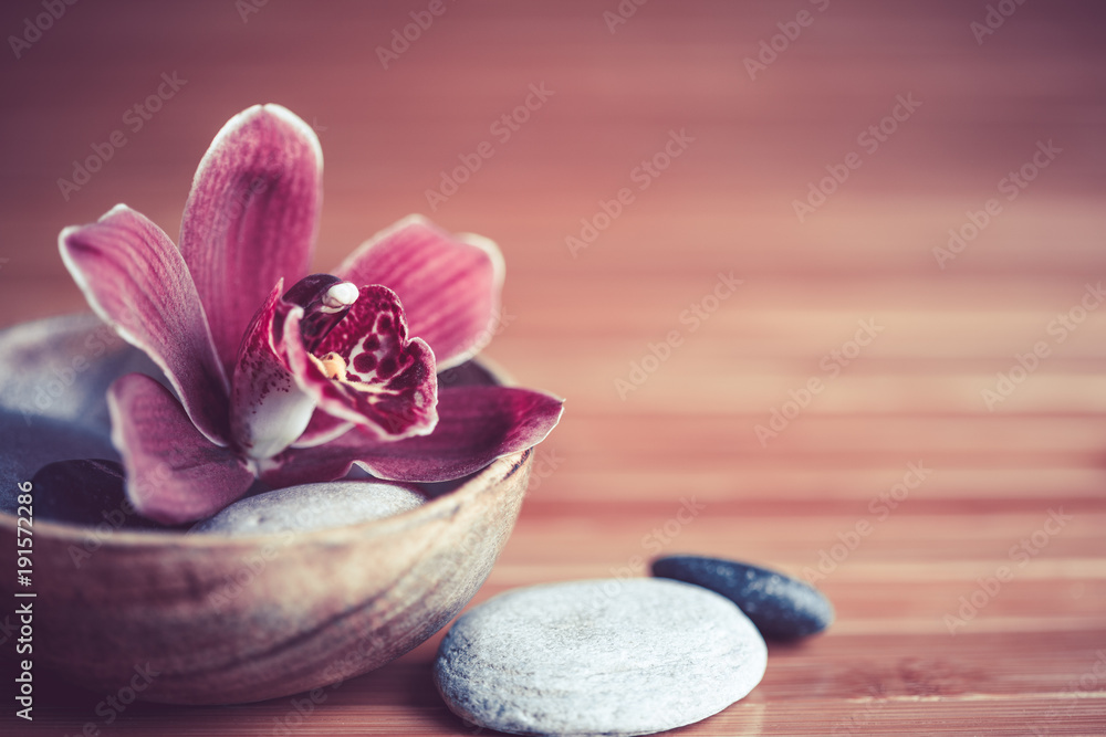 zen - fleur orchidée et pierres - obrazy, fototapety, plakaty 