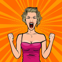 Girl Screams Loudly Or Young Woman In Rage. Pop Art Retro Comic Style. Cartoon Vector Illustration