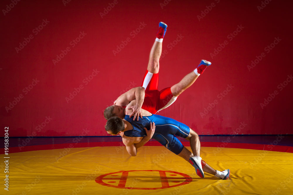 Two greco-roman  wrestlers in red and blue uniform wrestling  on a yellow wrestling carpet in the gym - obrazy, fototapety, plakaty 