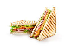Sandwich With Ham, Cheese, Tomatoes, Lettuce, And Toasted Bread. Front View Isolated On White Background.