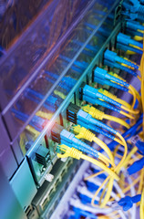 Fiber Optic cables connected to optic ports and UTP, Network cables connected to ethernet ports.