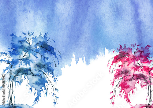 Watercolor Illustration Art Drawing Blue Trees Against The Blue