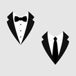 Men's jackets. Tuxedo. Weddind suits with bow tie and necktie. Vector icon.