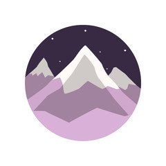 Sticker - Colored illustration of winter landscape with snowy mountain peaks and night starry sky. Flat round-shaped emblem. Travel or adventure concept. Cartoon vector design