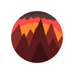 Wall Mural - Geometric round-shaped emblem of landscape with peaks of mountains, sunset and dark cloud. Beautiful red evening sky. Vector natural scenery