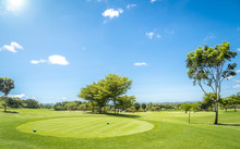 Green Grass And Trees At Golf Course With Blue Cloud Sky Background 