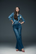 © LIGHTFIELD STUDIOS - beautiful girl with long hair posing in flare jeans, on grey