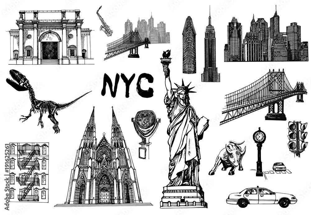 Set of hand drawn sketch style New York themed isolated objects. Vector ...
